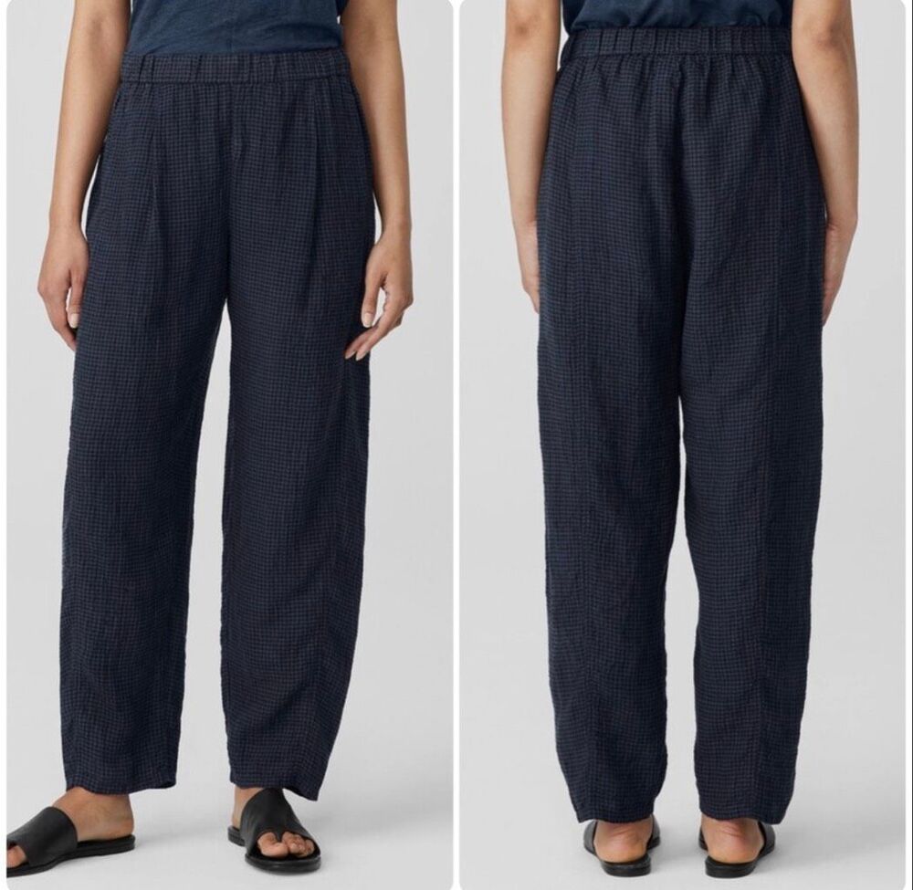 Eileen Fisher Puckered Organic Linen Gingham Pants M